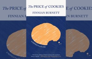 Image is the book cover for THE PRICE OF COOKIES by Finnian Burnett; title card for the new hybrid interview with Michelle Sinclair.