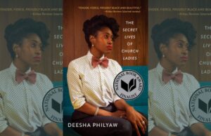 Image is the book cover for THE SECRET LIVES OF CHURCH LADIES by Deesha Philyaw; title card for the new interview with Courtney Harler.